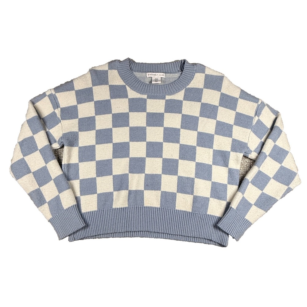 Sincerely Jules Sweater Womens Medium Blue Cream Checkered Cropped Knit Pullover